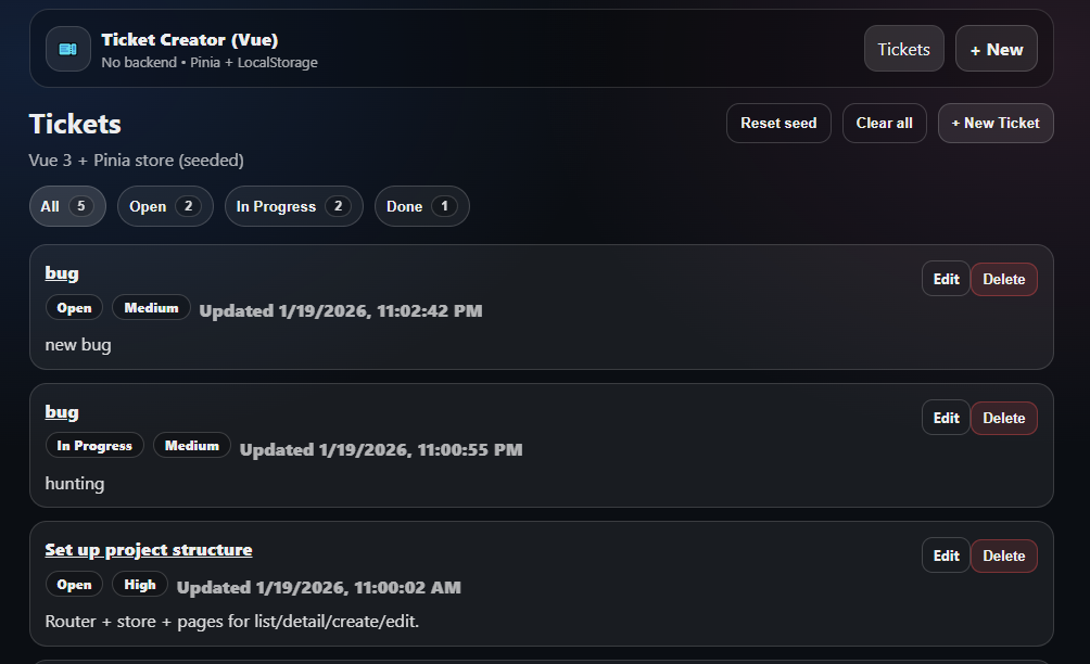 Ticket Creator vue screenshot